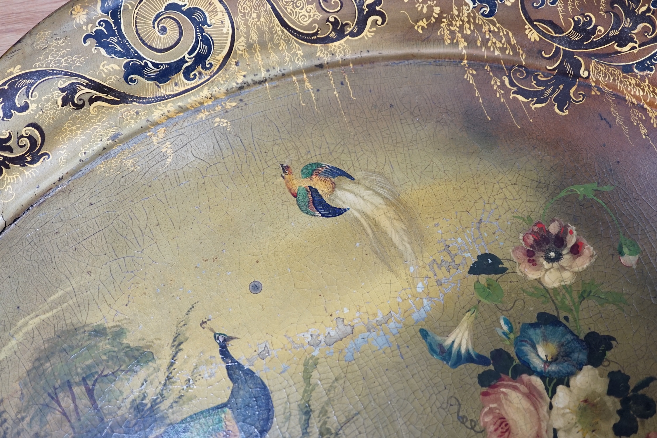 A Victorian Jennens & Bettridge papier mache tray, 65cm. Condition - poor